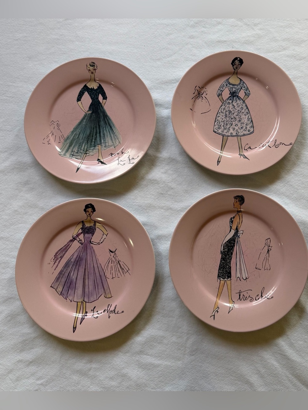 Set of 4 VTG Pink Fashion Illustration Plates